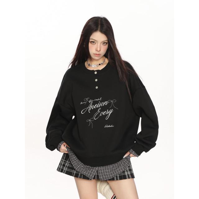 學院風假兩件拼接刺繡字母衛衣女春秋慵懶風休閑寬松上衣