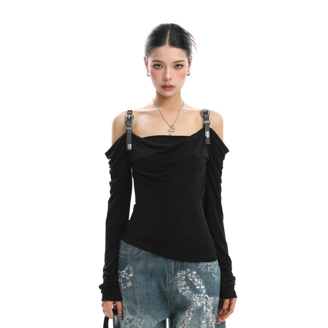 皮質肩帶蕩領一字肩長袖T恤女秋季辣妹純欲風顯瘦露肩上衣