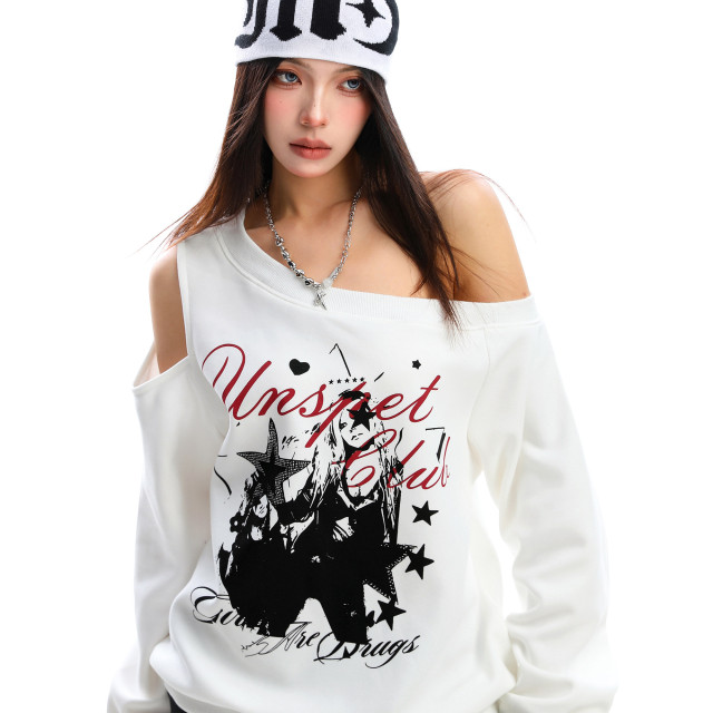 輕亞風y2k塗鴉斜肩衛衣女秋季設計感露肩顯瘦寬松百搭上衣