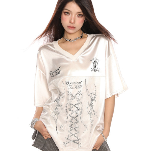 芭蕾風緞面蝴蝶蕾絲拼接短袖T恤女夏季甜辣妹運動顯瘦球衣