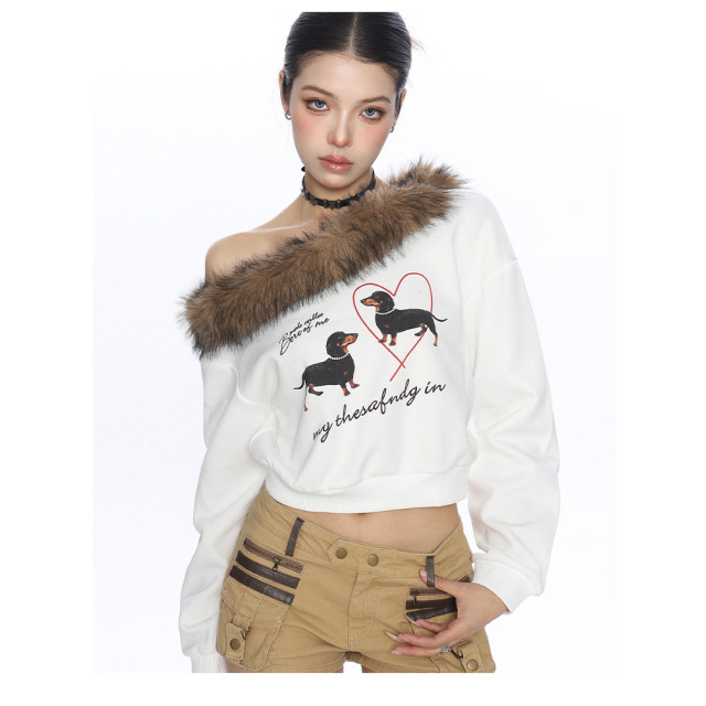 辣妹臘腸狗可拆卸毛領斜肩衛衣女秋冬設計感顯瘦露肩上衣