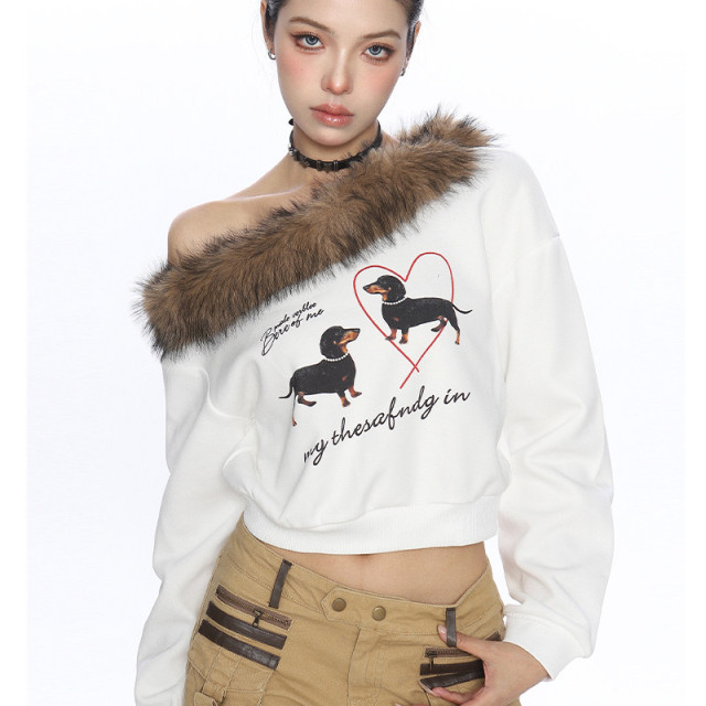 辣妹臘腸狗可拆卸毛領斜肩衛衣女秋冬設計感顯瘦露肩上衣