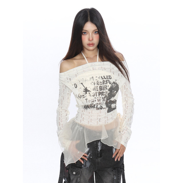 輕亞風蕩領假兩件長袖T恤女秋季不規則下擺辣妹內搭上衣潮