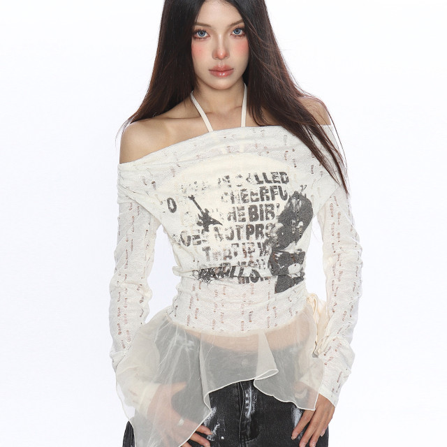 輕亞風蕩領假兩件長袖T恤女秋季不規則下擺辣妹內搭上衣潮