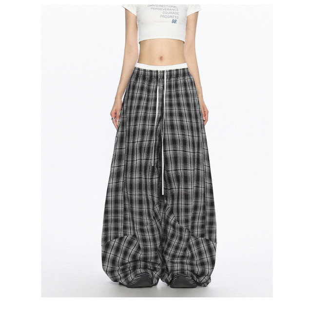 美式爵士舞雙腰頭休閑格子闊腿褲女松弛感直筒拖地長褲潮