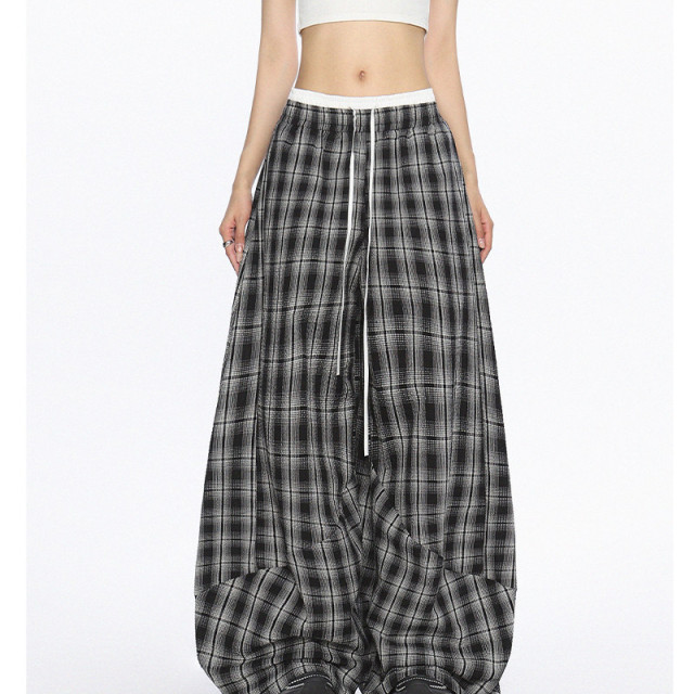 美式爵士舞雙腰頭休閑格子闊腿褲女松弛感直筒拖地長褲潮