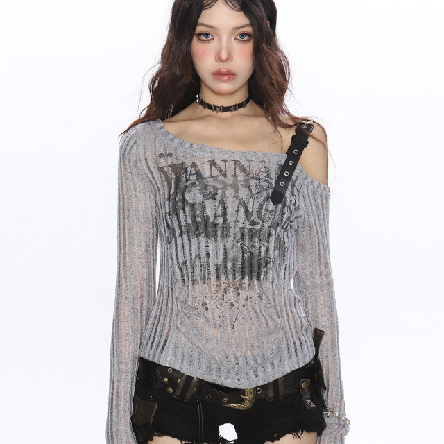 塗鴉薄款斜肩皮扣吊帶長袖T恤女夏季辣妹顯瘦防曬罩衫上衣