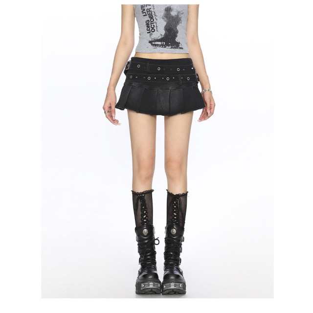 美式辣妹柳釘牛仔百褶裙短裙女夏季重工水洗做舊半身裙潮