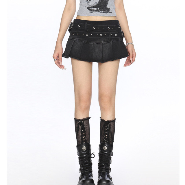 美式辣妹柳釘牛仔百褶裙短裙女夏季重工水洗做舊半身裙潮