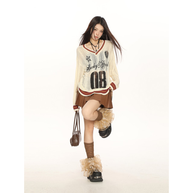 撞色字母v領學院風長袖針織衫女春秋慵懶風顯瘦防曬罩衫潮