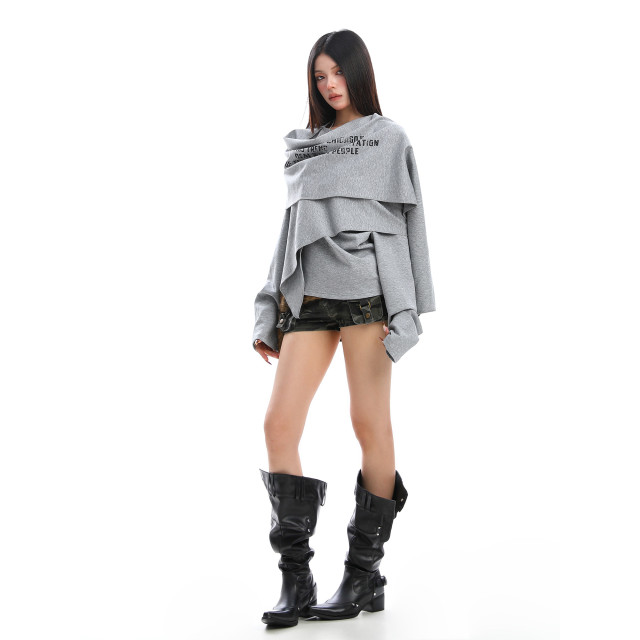 設計感不規則印花斜肩長袖衛衣女秋冬慵懶感疊穿顯瘦上衣