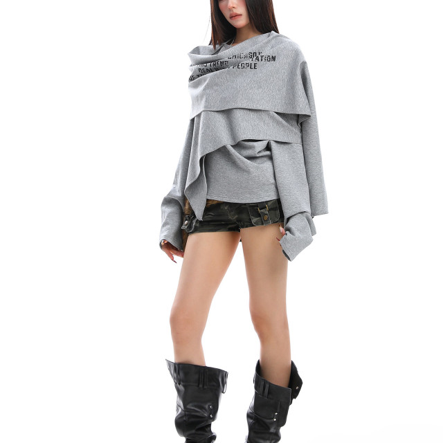 設計感不規則印花斜肩長袖衛衣女秋冬慵懶感疊穿顯瘦上衣