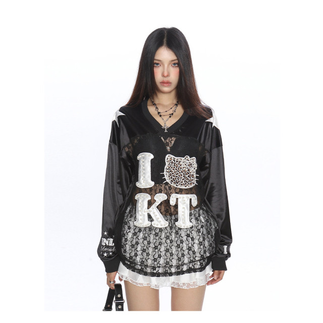 豹紋Kitty貓蕾絲鏤空長袖衛衣女運動澤西風球衣罩衫上衣潮