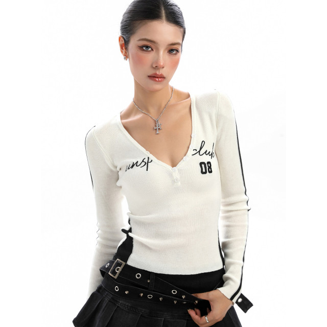 美式杠條紋v領針織毛衣女秋冬運動風顯瘦內搭打底衫上衣潮