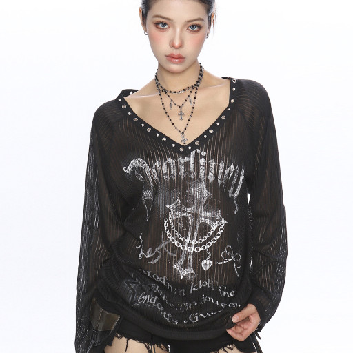 十字架辣妹v領寬松長袖t恤女夏季薄微透防曬罩衫斜肩上衣