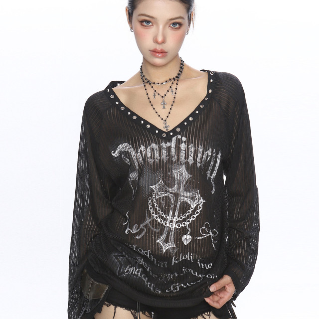十字架辣妹v領寬松長袖t恤女夏季薄微透防曬罩衫斜肩上衣