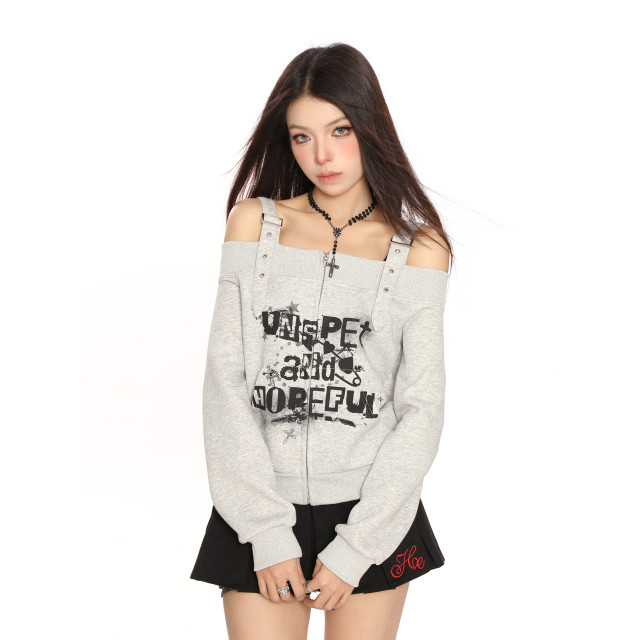 y2k朋克塗鴉吊帶一字肩衛衣女春秋修身顯瘦辣妹露肩上衣潮