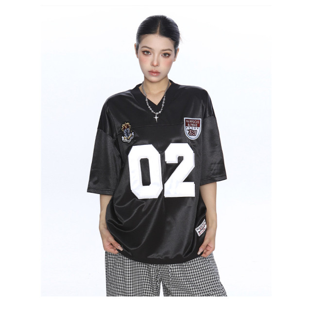 美式緞面字母v領短袖T恤女夏季運動風寬松休閑情侶球衣潮