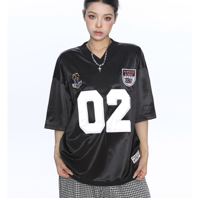 美式緞面字母v領短袖T恤女夏季運動風寬松休閑情侶球衣潮