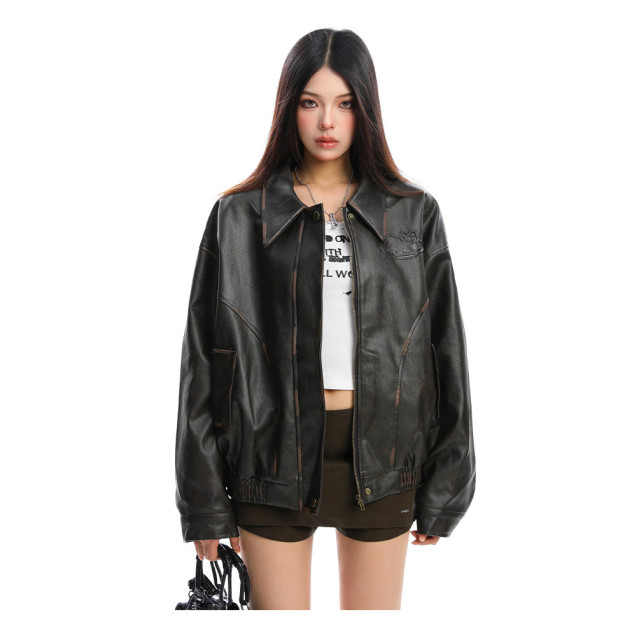 可愛凱蒂貓壓印pu皮夾克皮衣女秋冬高級感百搭棒球服外套