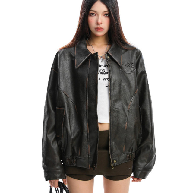 可愛凱蒂貓壓印pu皮夾克皮衣女秋冬高級感百搭棒球服外套