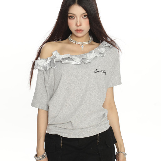 美式復古設計感花邊斜肩一字肩短袖T恤女夏季小眾辣妹上衣