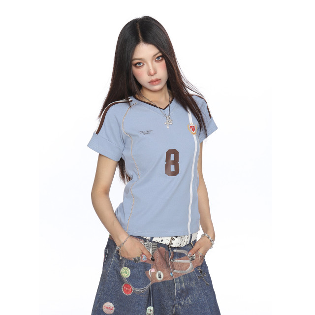 美式杠條正肩球衣短袖T恤女夏季澤西風v領運動辣妹上衣潮