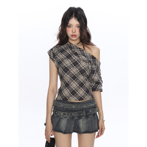 辣妹撞色格子斜肩短袖T恤女夏季設計感韓系露肩顯瘦上衣潮