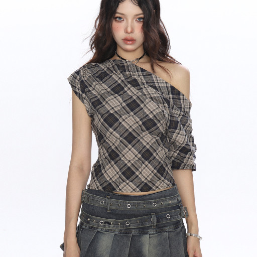 辣妹撞色格子斜肩短袖T恤女夏季設計感韓系露肩顯瘦上衣潮