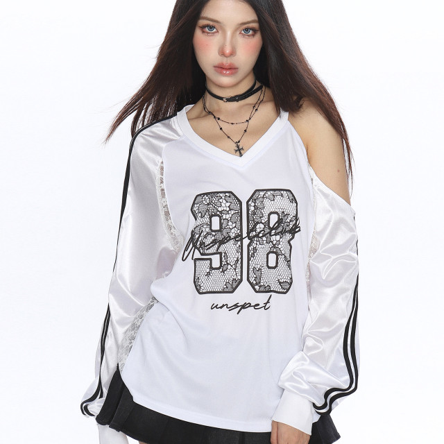 辣妹蕾絲字母露肩v領長袖衛衣女秋季寬松顯瘦運動球衣上衣