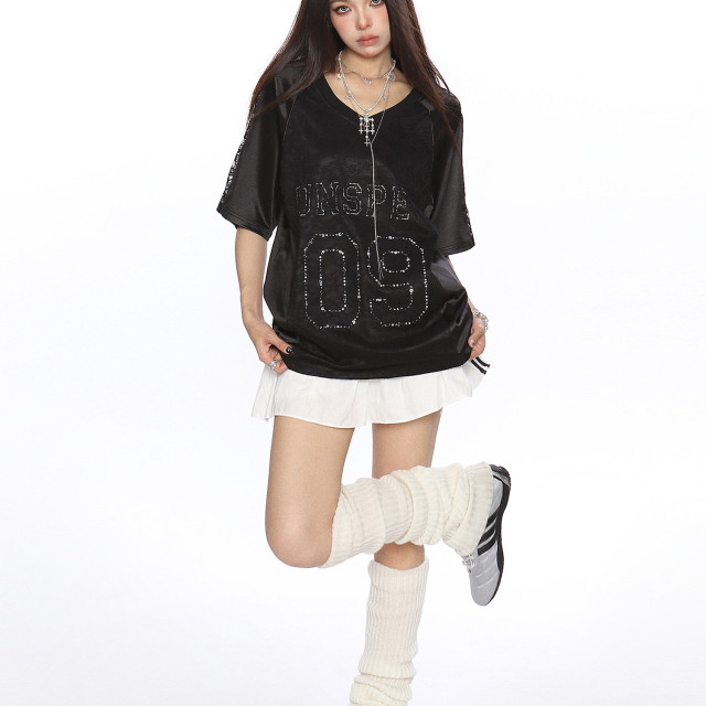 緞面蕾絲拼接v領短袖T恤球衣女夏季澤西風運動顯瘦上衣潮