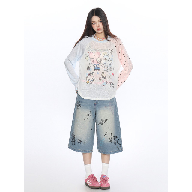 動漫二次元印花撞色長袖T恤女夏季薄款顯瘦防曬空調衫上衣