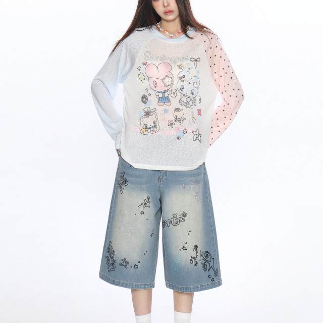 動漫二次元印花撞色長袖T恤女夏季薄款顯瘦防曬空調衫上衣