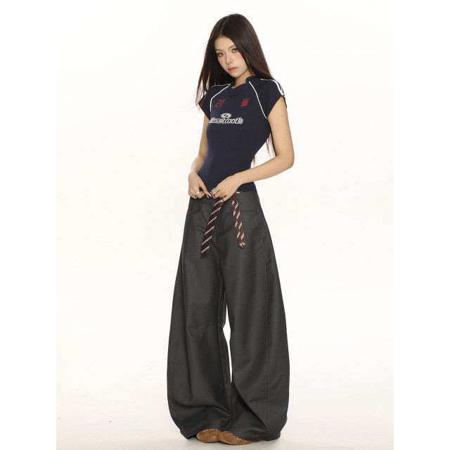 高級感休閑彎刀褲西褲女小眾設計感百搭垂感闊腿拖地褲ins