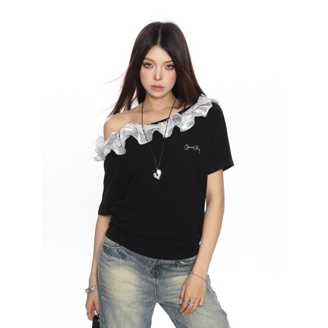 美式復古設計感花邊斜肩一字肩短袖T恤女夏季小眾辣妹上衣