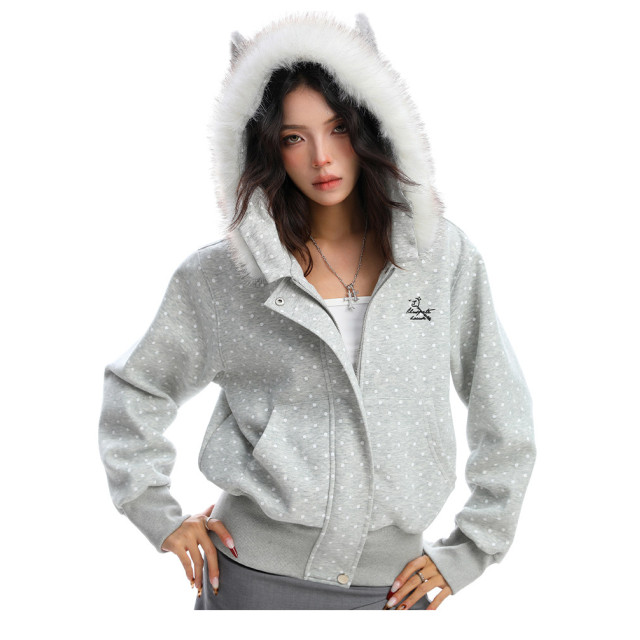 美式復古波點印花毛領貓耳朵連帽開衫衛衣女秋季休閑外套