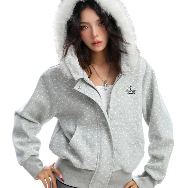 美式復古波點印花毛領貓耳朵連帽開衫衛衣女秋季休閑外套