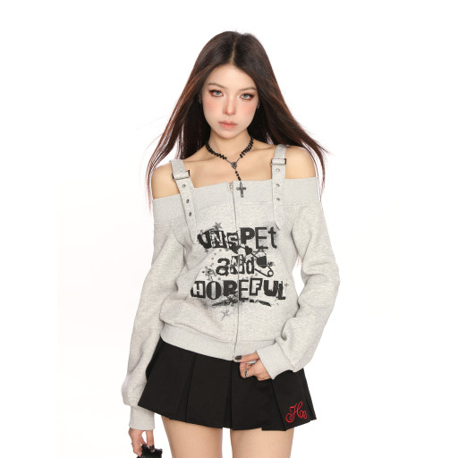 y2k朋克塗鴉吊帶一字肩衛衣女春秋修身顯瘦辣妹露肩上衣潮