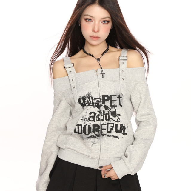 y2k朋克塗鴉吊帶一字肩衛衣女春秋修身顯瘦辣妹露肩上衣潮