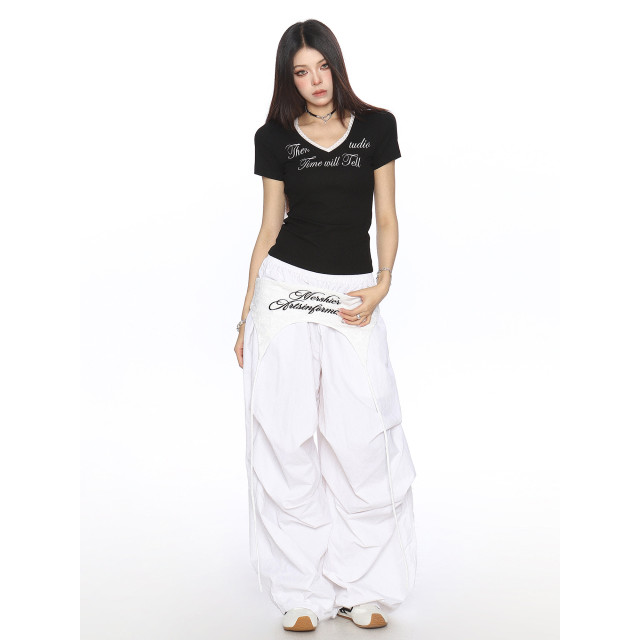 美式v領蕾絲邊字母正肩短袖T恤女夏季收腰顯瘦短款上衣潮