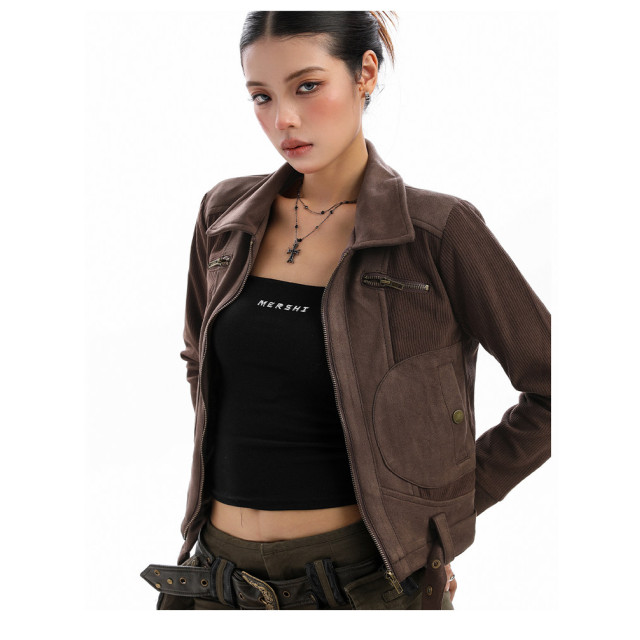 美式麂皮絨機車服工裝夾克女秋冬辣妹顯瘦翻領短款外套潮