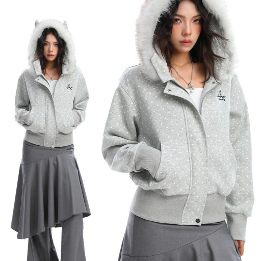 美式復古波點印花毛領貓耳朵連帽開衫衛衣女秋季休閑外套