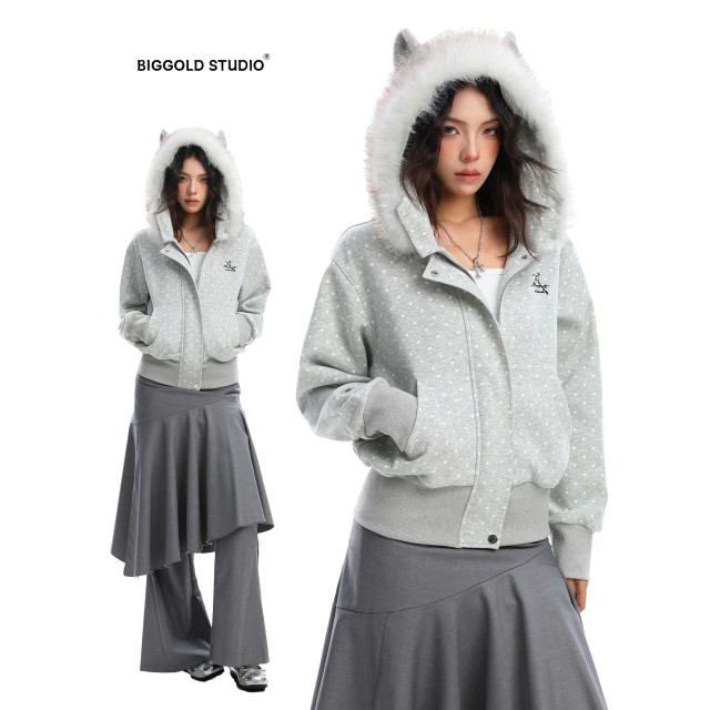 美式復古波點印花毛領貓耳朵連帽開衫衛衣女秋季休閑外套