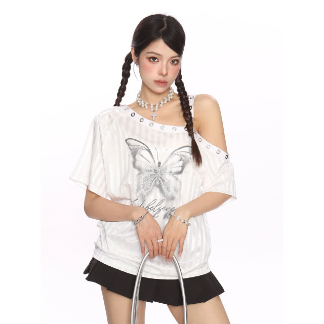 幻影蝴蝶條紋斜肩吊帶短袖T恤女夏季y2k甜酷漏肩顯瘦上衣