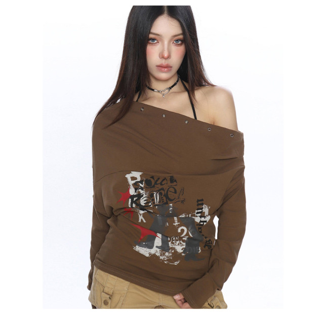 辣妹設計感塗鴉斜肩長袖T恤女秋季蝙蝠袖氣質顯瘦內搭上衣