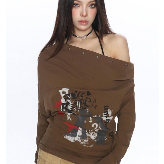 辣妹設計感塗鴉斜肩長袖T恤女秋季蝙蝠袖氣質顯瘦內搭上衣