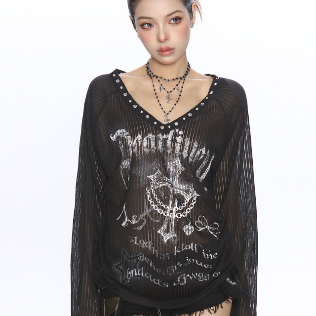 十字架辣妹v領寬松長袖t恤女夏季薄微透防曬罩衫斜肩上衣