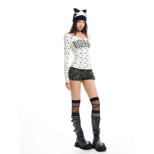 美式滿印星星v領長袖T恤女秋季辣妹顯瘦內搭打底衫上衣潮