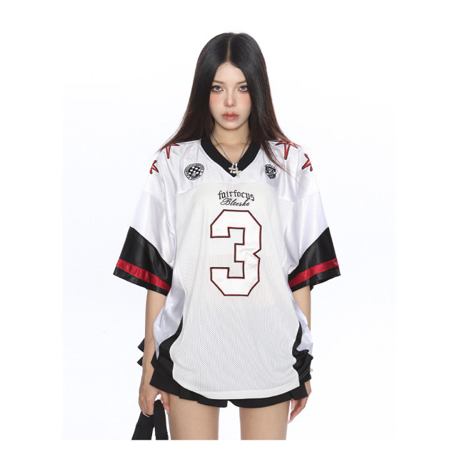 美式撞色字母v領短袖T恤女夏季澤西風休閑運動寬松球衣潮