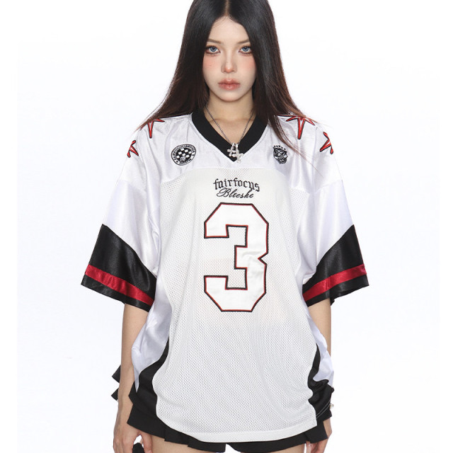 美式撞色字母v領短袖T恤女夏季澤西風休閑運動寬松球衣潮